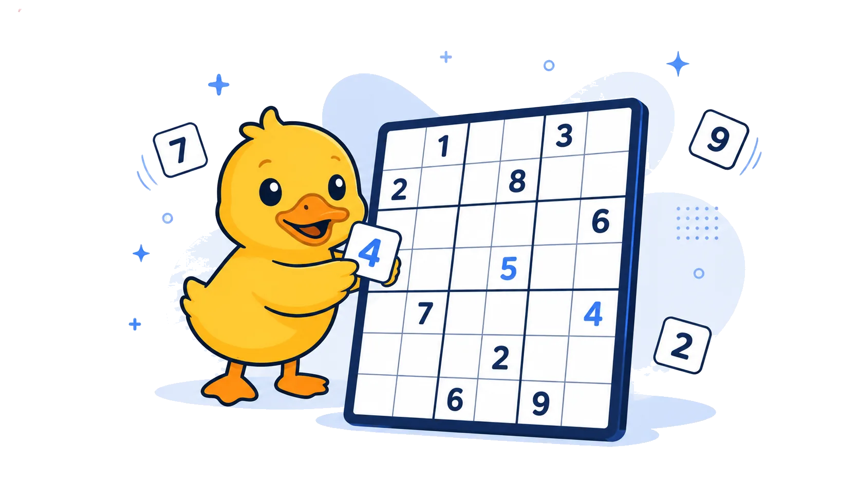 Sudoku Duck mascot placing a number on a Sudoku board