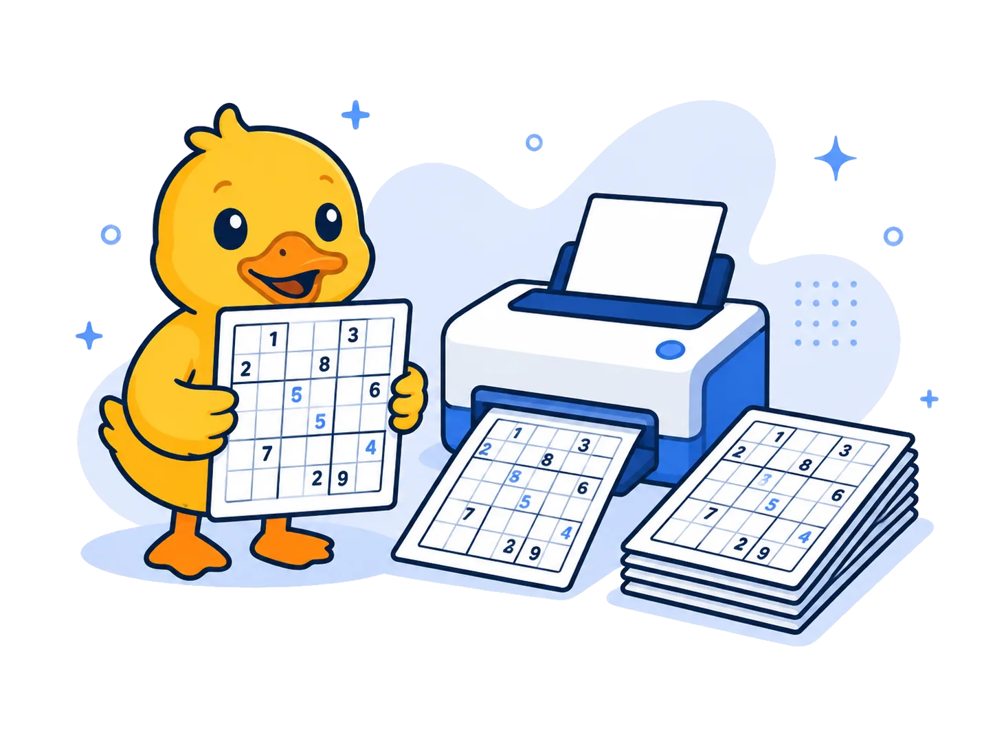Sudoku Duck solving a puzzle with a magnifying glass